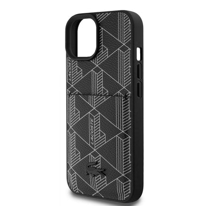 iPhone 15 Kılıf Lacoste Orjinal Lisanslı M-safe Şarj Özellikli PU Deri Görünümlü Kartlıklı Karışık Monogram Desenli Kapak