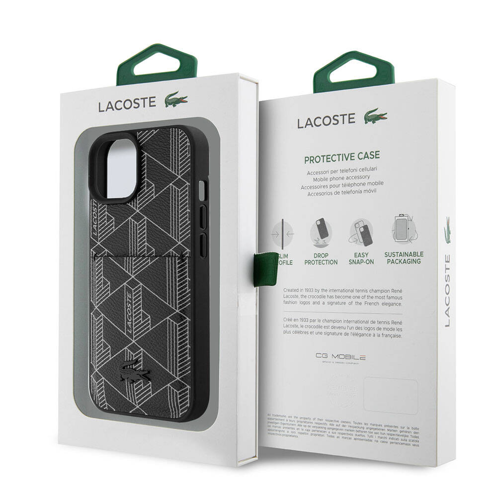 iPhone 15 Kılıf Lacoste Orjinal Lisanslı M-safe Şarj Özellikli PU Deri Görünümlü Kartlıklı Karışık Monogram Desenli Kapak