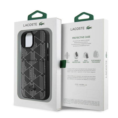 iPhone 15 Kılıf Lacoste Orjinal Lisanslı M-safe Şarj Özellikli PU Deri Görünümlü Kartlıklı Karışık Monogram Desenli Kapak