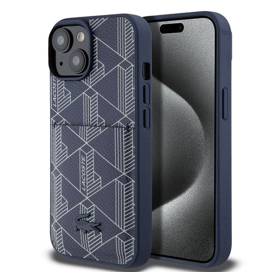 iPhone 15 Kılıf Lacoste Orjinal Lisanslı M-safe Şarj Özellikli PU Deri Görünümlü Kartlıklı Karışık Monogram Desenli Kapak