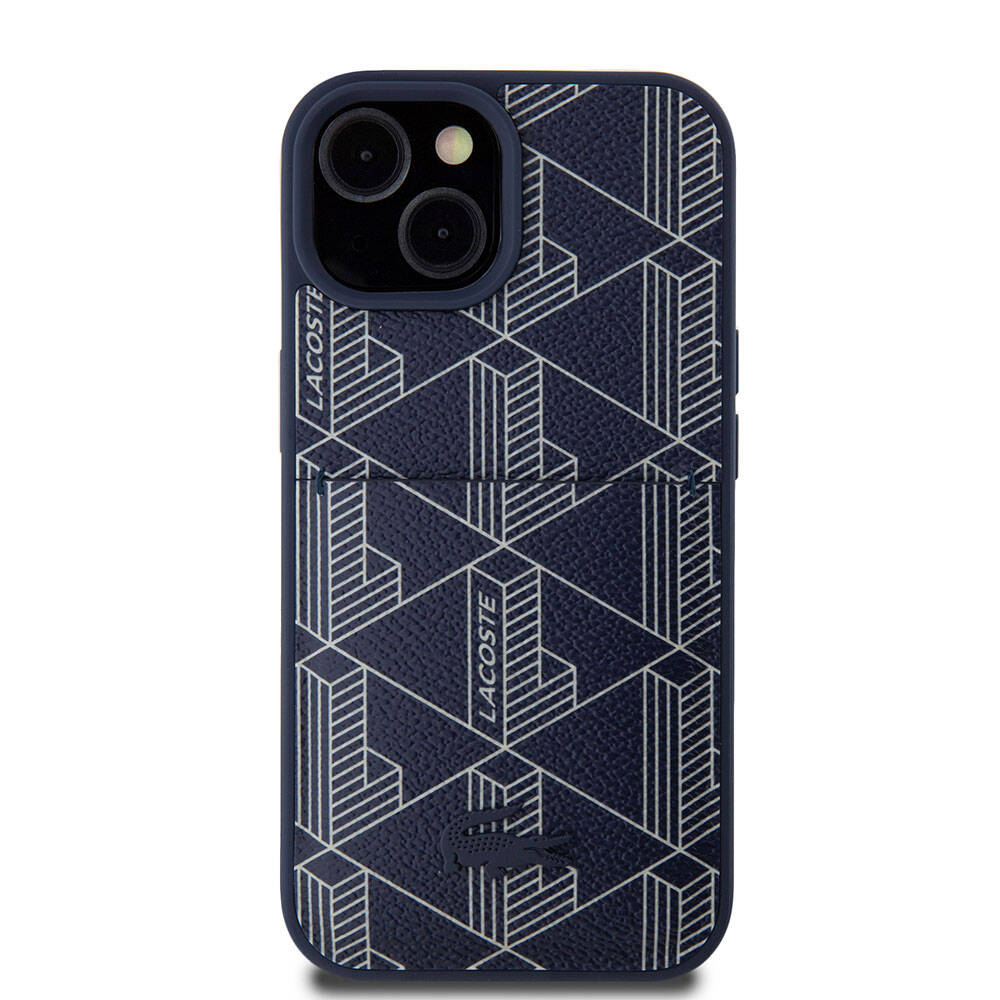 iPhone 15 Kılıf Lacoste Orjinal Lisanslı M-safe Şarj Özellikli PU Deri Görünümlü Kartlıklı Karışık Monogram Desenli Kapak