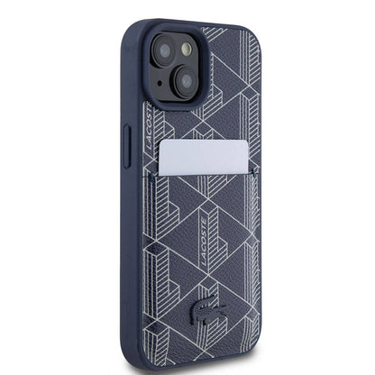 iPhone 15 Kılıf Lacoste Orjinal Lisanslı M-safe Şarj Özellikli PU Deri Görünümlü Kartlıklı Karışık Monogram Desenli Kapak