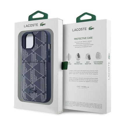 iPhone 15 Kılıf Lacoste Orjinal Lisanslı M-safe Şarj Özellikli PU Deri Görünümlü Kartlıklı Karışık Monogram Desenli Kapak