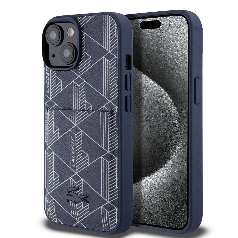 iPhone 15 Kılıf Lacoste Orjinal Lisanslı M-safe Şarj Özellikli PU Deri Görünümlü Kartlıklı Karışık Monogram Desenli Kapak