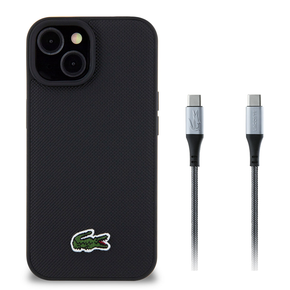 iPhone 15 Kılıf Lacoste Orjinal Lisanslı PU Pike Desenli Arka Yüzey İkonik Timsah Dokuma Logolu Kapak + Type-C Kablo 1.5m
