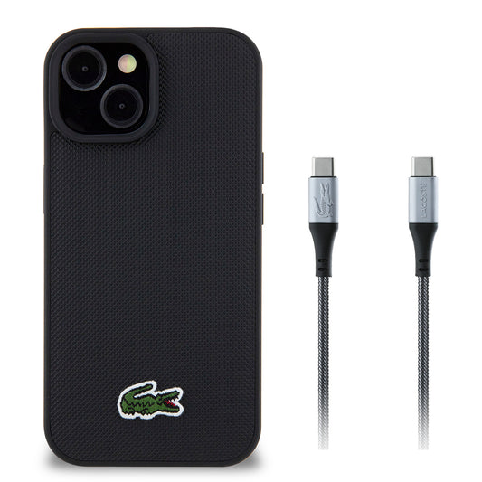 iPhone 15 Kılıf Lacoste Orjinal Lisanslı PU Pike Desenli Arka Yüzey İkonik Timsah Dokuma Logolu Kapak + Type-C Kablo 1.5m