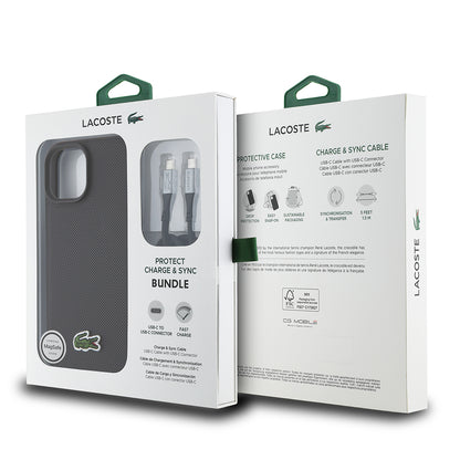 iPhone 15 Kılıf Lacoste Orjinal Lisanslı PU Pike Desenli Arka Yüzey İkonik Timsah Dokuma Logolu Kapak + Type-C Kablo 1.5m