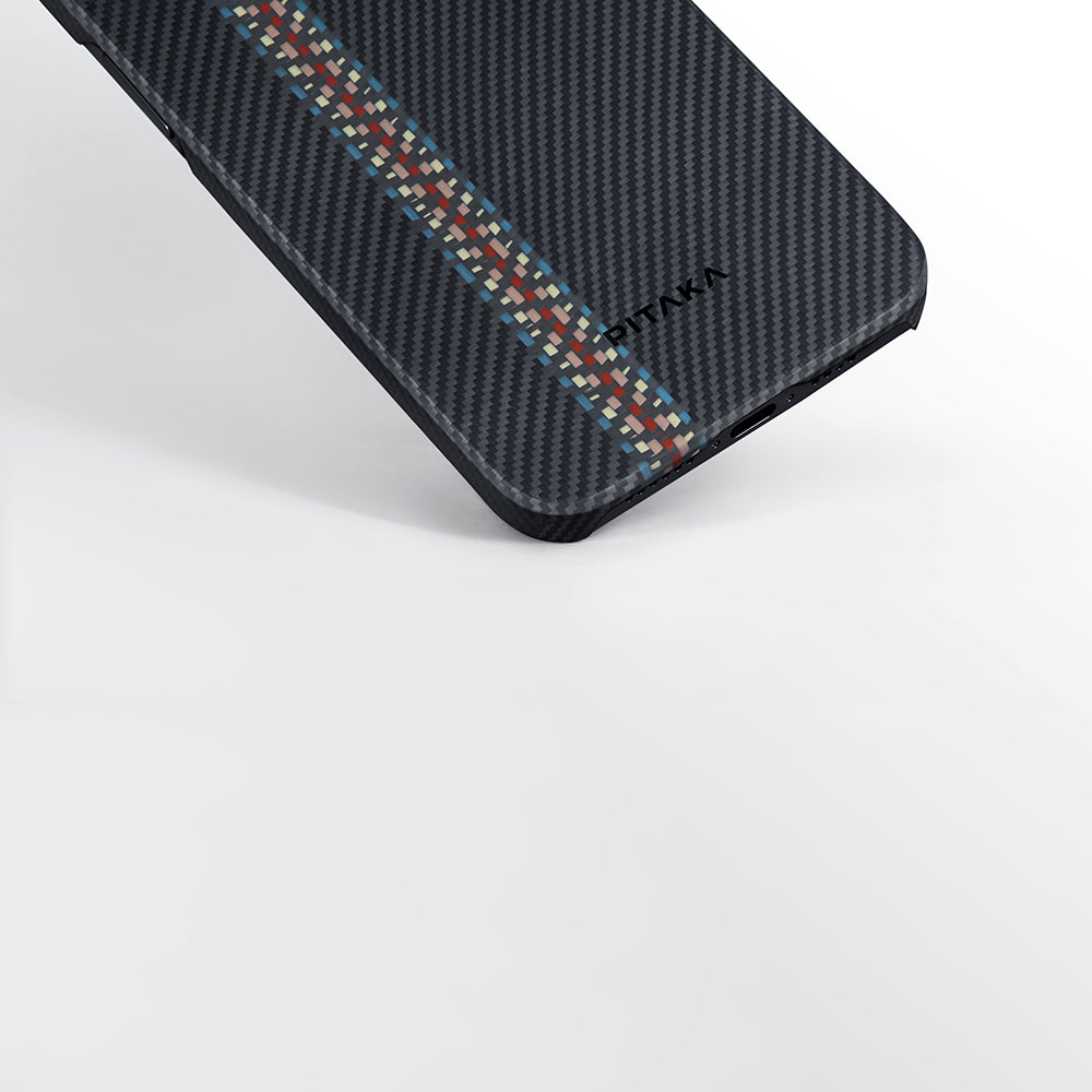 iPhone 15 Kılıf M-safe Şarj Özellikli 600D Aramid Fiber Pitaka Tactile Woven Orchestra Serisi Rhapsody Kapak