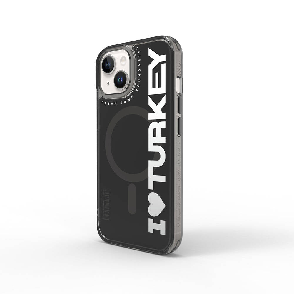 iPhone 15 Kılıf M-safe Şarj Özellikli I Love Turkey Yazı Desenli Wiwu Turkey E Serisi Kapak