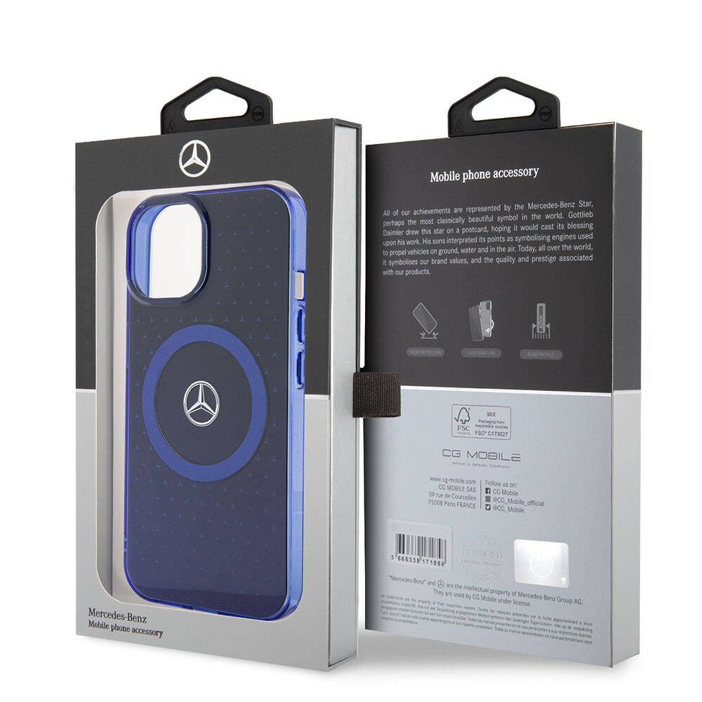 iPhone 15 Kılıf Mercedes Benz Orjinal Lisanslı M-safe Şarj Özellikli Çift Katmanlı Mavi Yıldız Desenli Kapak