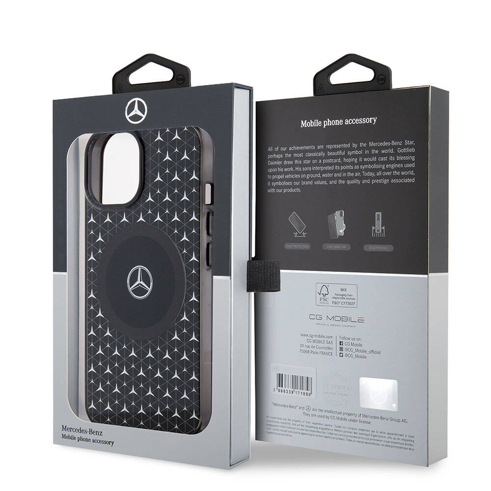 iPhone 15 Kılıf Mercedes Benz Orjinal Lisanslı M-safe Şarj Özellikli Çift Katmanlı Mini Yıldız Desenli Kapak