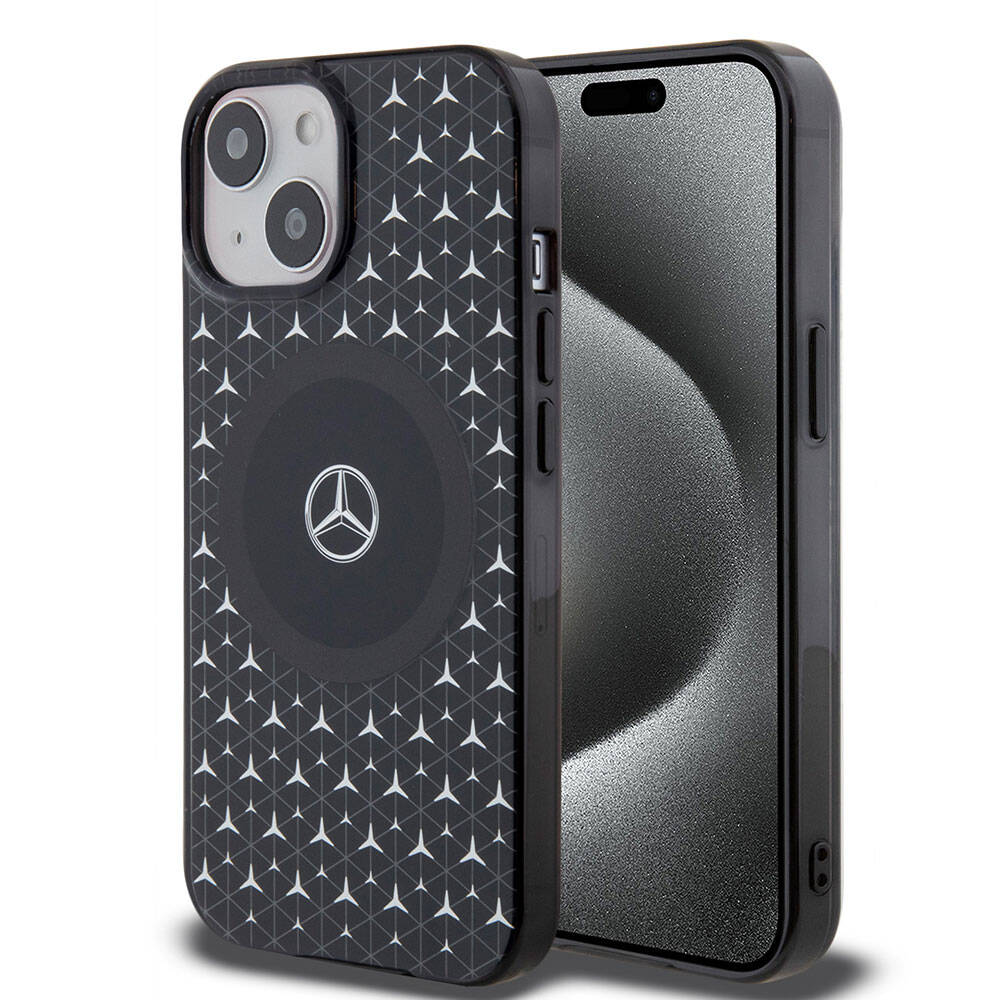 iPhone 15 Kılıf Mercedes Benz Orjinal Lisanslı M-safe Şarj Özellikli Çift Katmanlı Mini Yıldız Desenli Kapak