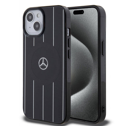iPhone 15 Kılıf Mercedes Benz Orjinal Lisanslı M-safe Şarj Özellikli Çift Katmanlı Paralel Çizgi Desenli Kapak