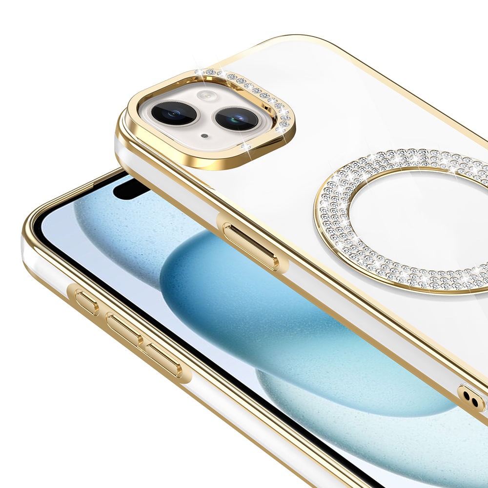Apple iPhone 15 Kılıf Pırlanta Taş Tasarımlı M-safe Şarj Özellikli Zore Karetta Silikon Kapak