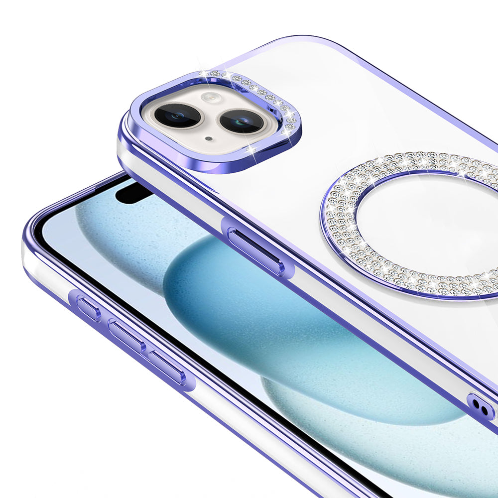 Apple iPhone 15 Kılıf Pırlanta Taş Tasarımlı M-safe Şarj Özellikli Zore Karetta Silikon Kapak