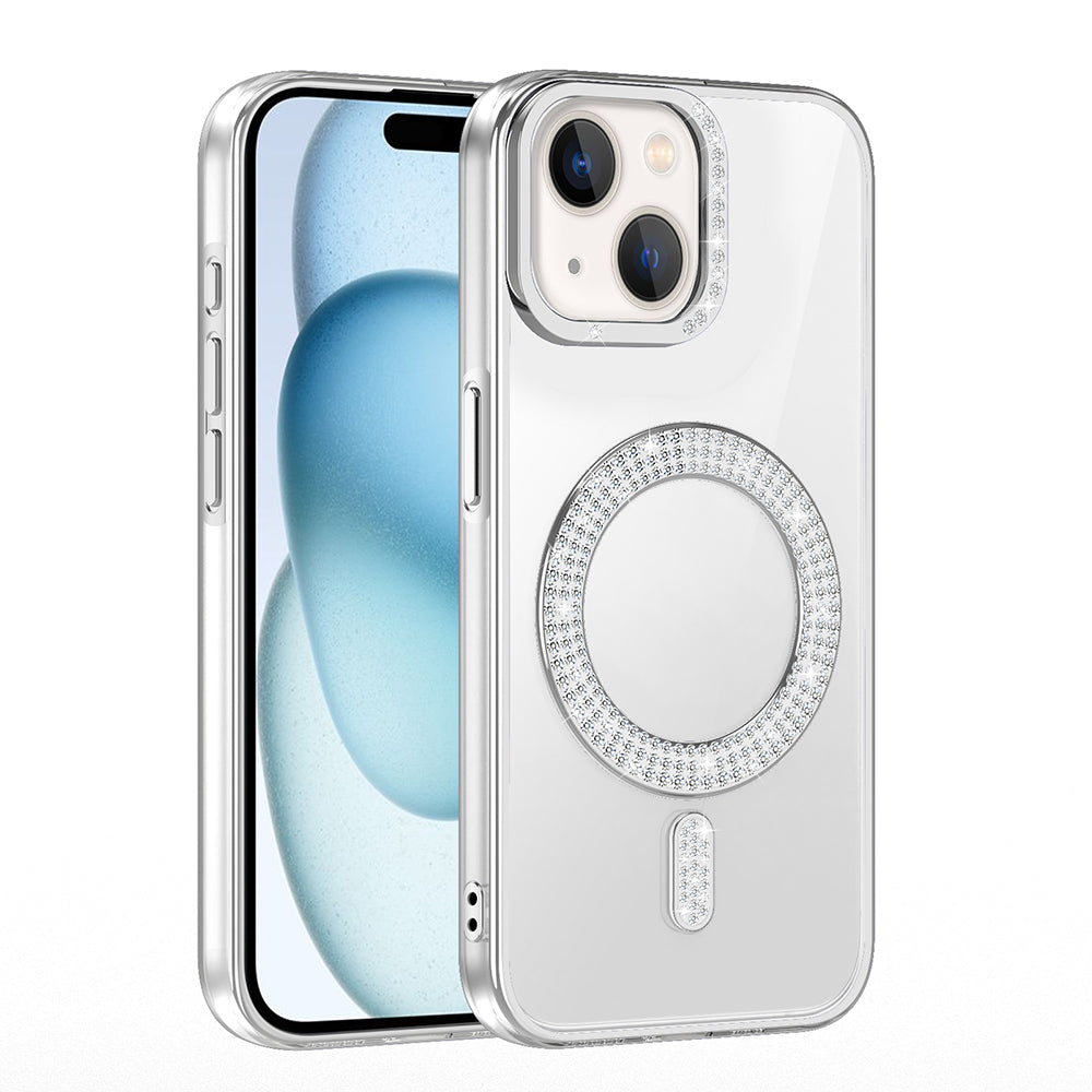 Apple iPhone 15 Kılıf Pırlanta Taş Tasarımlı M-safe Şarj Özellikli Zore Karetta Silikon Kapak