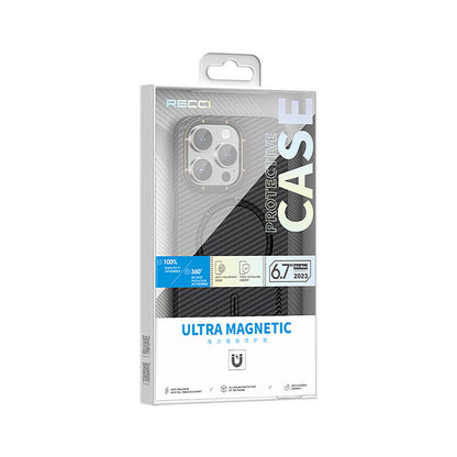 iPhone 15 Kılıf Recci Machinist Serisi M-safe Şarj Özellikli Magnetik Karbon Kapak