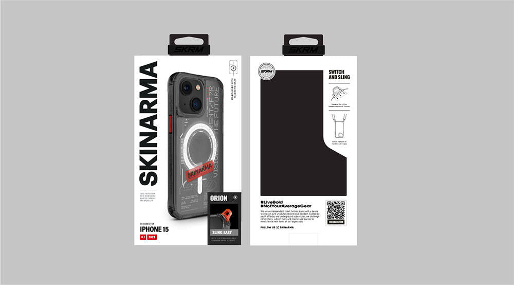 iPhone 15 Kılıf SkinArma M-safe Şarj Özellikli Yazı Desenli Airbag Tasarımlı Orion Kapak