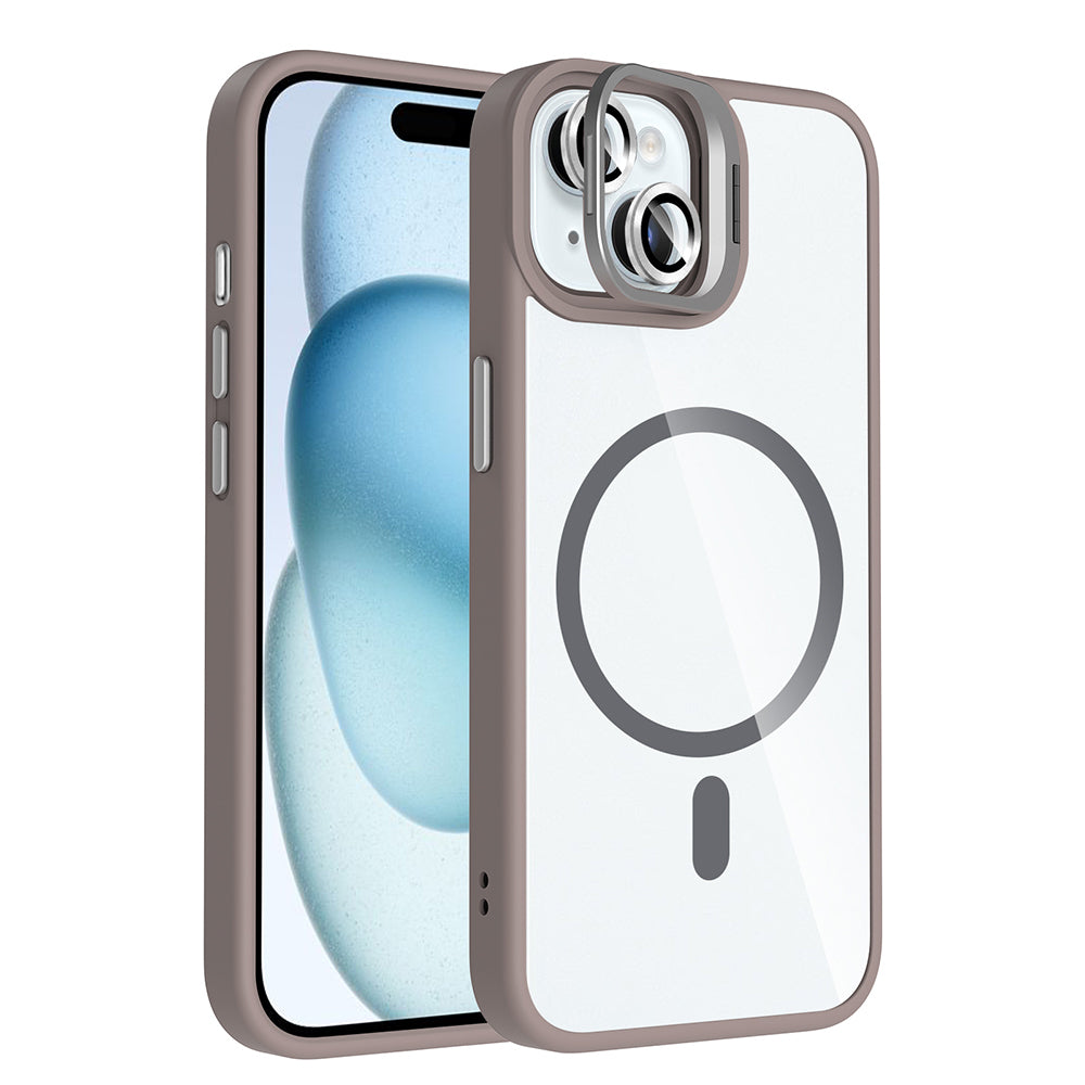 Apple iPhone 15 Kılıf Standlı ve Kamera Lens Hediyeli M-Safe Şarj Özellikli Zore Etro Kapak