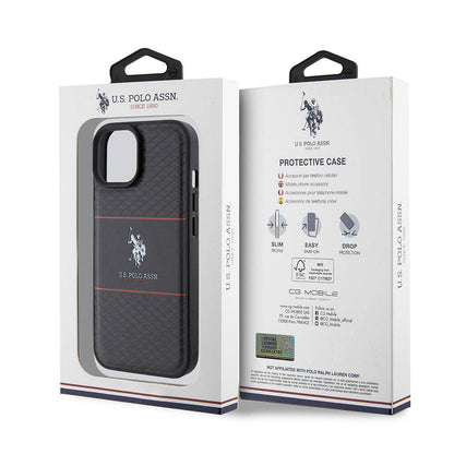 iPhone 15 Kılıf U.S. Polo Assn. Orjinal Lisanslı Deri Şeritli Logo Dizayn Kapak