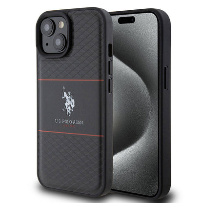 iPhone 15 Kılıf U.S. Polo Assn. Orjinal Lisanslı Deri Şeritli Logo Dizayn Kapak
