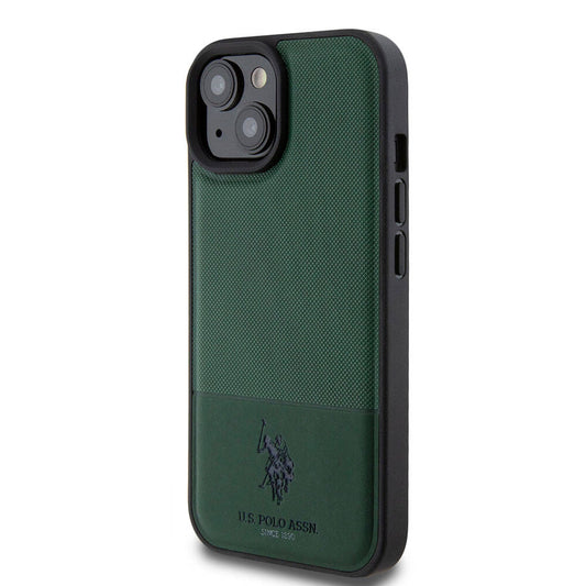 iPhone 15 Kılıf U.S. Polo Assn. Orjinal Lisanslı Suni Deri Arka Yüzey Baskı Logolu Örgü Desenli Kapak