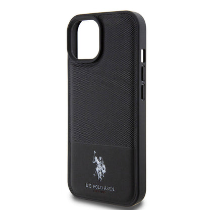 iPhone 15 Kılıf U.S. Polo Assn. Orjinal Lisanslı Suni Deri Arka Yüzey Baskı Logolu Örgü Desenli Kapak