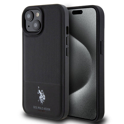 iPhone 15 Kılıf U.S. Polo Assn. Orjinal Lisanslı Suni Deri Arka Yüzey Baskı Logolu Örgü Desenli Kapak