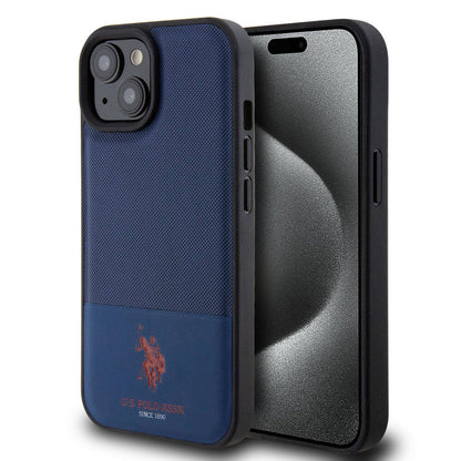 iPhone 15 Kılıf U.S. Polo Assn. Orjinal Lisanslı Suni Deri Arka Yüzey Baskı Logolu Örgü Desenli Kapak