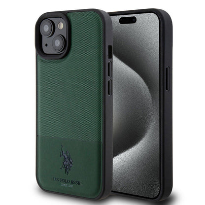 iPhone 15 Kılıf U.S. Polo Assn. Orjinal Lisanslı Suni Deri Arka Yüzey Baskı Logolu Örgü Desenli Kapak