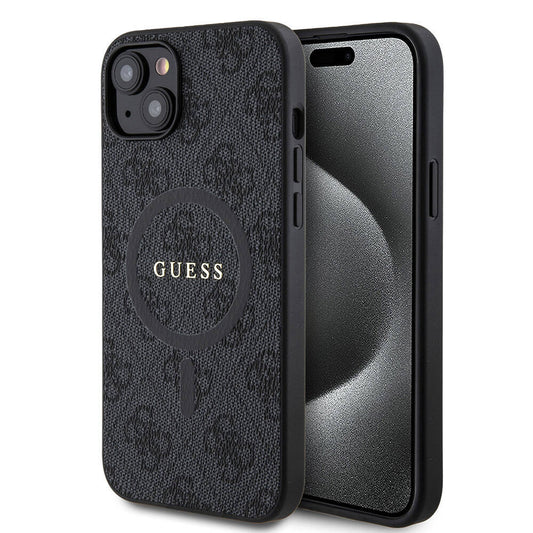iPhone 15 Plus Guess Orjinal Lisanslı M-safe Şarj Özellikli PU Halkalı 4G Desenli Yazı Logolu Kapak