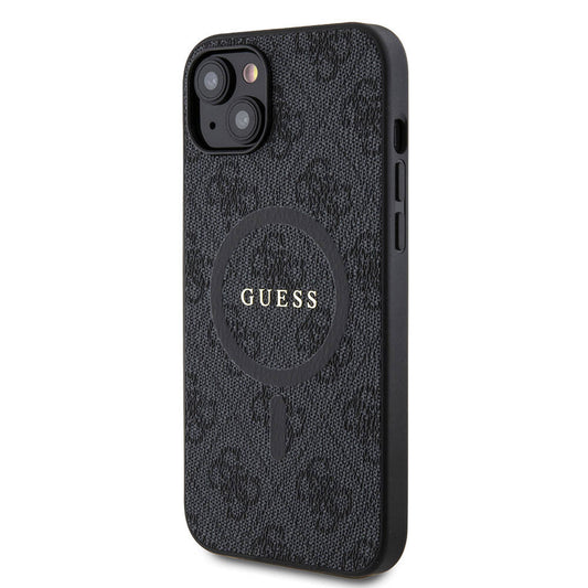 iPhone 15 Plus Guess Orjinal Lisanslı M-safe Şarj Özellikli PU Halkalı 4G Desenli Yazı Logolu Kapak