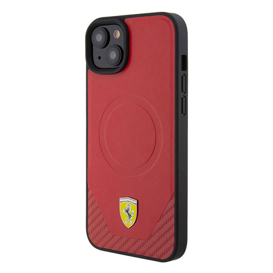 iPhone 15 Plus Kılıf Ferrari Orjinal Lisanslı M-safe Şarj Özellikli Metal Logolu PU Karbon Kapak