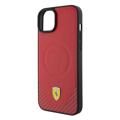iPhone 15 Plus Kılıf Ferrari Orjinal Lisanslı M-safe Şarj Özellikli Metal Logolu PU Karbon Kapak