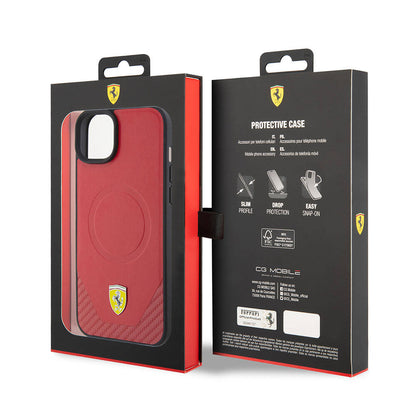 iPhone 15 Plus Kılıf Ferrari Orjinal Lisanslı M-safe Şarj Özellikli Metal Logolu PU Karbon Kapak