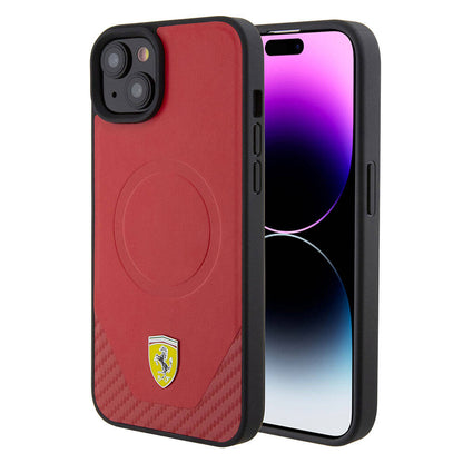 iPhone 15 Plus Kılıf Ferrari Orjinal Lisanslı M-safe Şarj Özellikli Metal Logolu PU Karbon Kapak