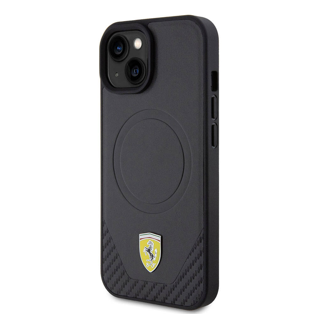 iPhone 15 Plus Kılıf Ferrari Orjinal Lisanslı M-safe Şarj Özellikli Metal Logolu PU Karbon Kapak