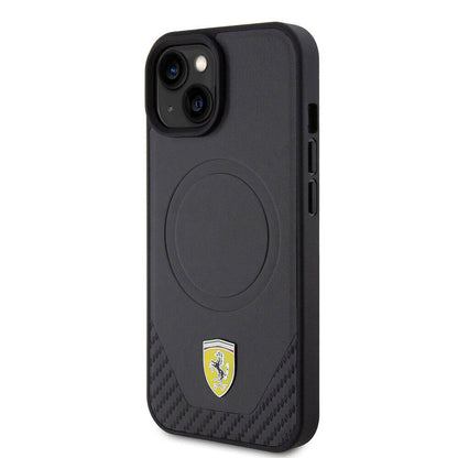 iPhone 15 Plus Kılıf Ferrari Orjinal Lisanslı M-safe Şarj Özellikli Metal Logolu PU Karbon Kapak