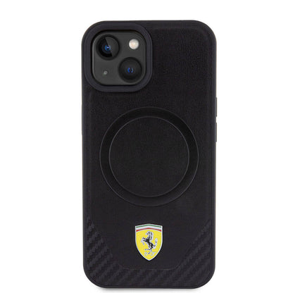 iPhone 15 Plus Kılıf Ferrari Orjinal Lisanslı M-safe Şarj Özellikli Metal Logolu PU Karbon Kapak