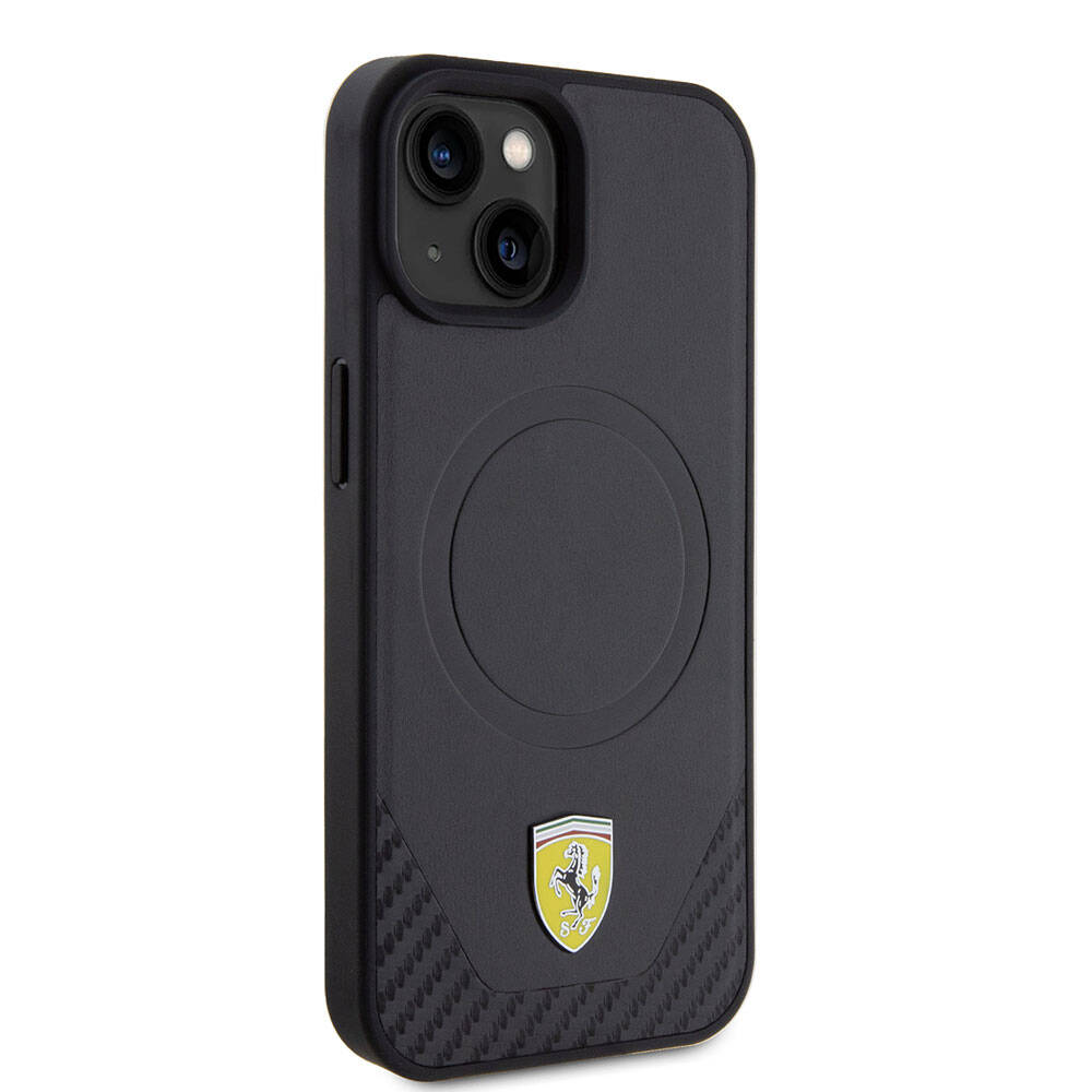 iPhone 15 Plus Kılıf Ferrari Orjinal Lisanslı M-safe Şarj Özellikli Metal Logolu PU Karbon Kapak