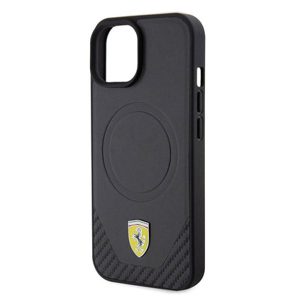 iPhone 15 Plus Kılıf Ferrari Orjinal Lisanslı M-safe Şarj Özellikli Metal Logolu PU Karbon Kapak