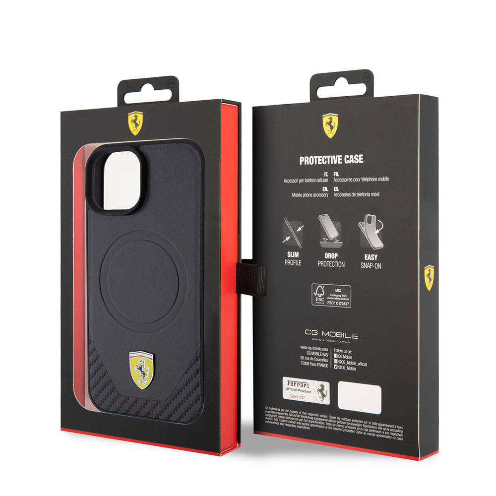 iPhone 15 Plus Kılıf Ferrari Orjinal Lisanslı M-safe Şarj Özellikli Metal Logolu PU Karbon Kapak