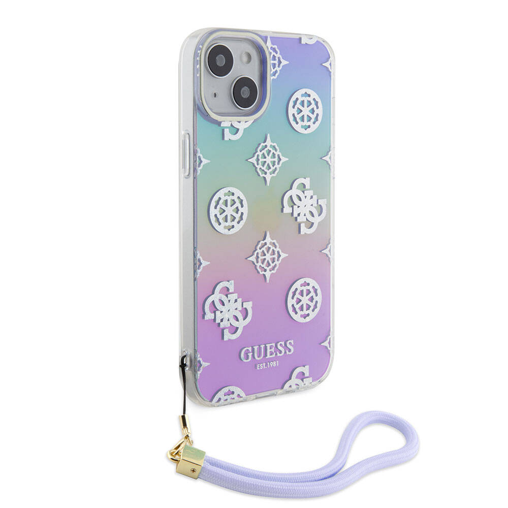 iPhone 15 Plus Kılıf Guess Orjinal Lisanslı Desenli Yazı Logolu Askı İpli Holografik Glitter Peony Kapak