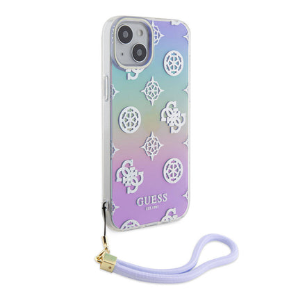iPhone 15 Plus Kılıf Guess Orjinal Lisanslı Desenli Yazı Logolu Askı İpli Holografik Glitter Peony Kapak