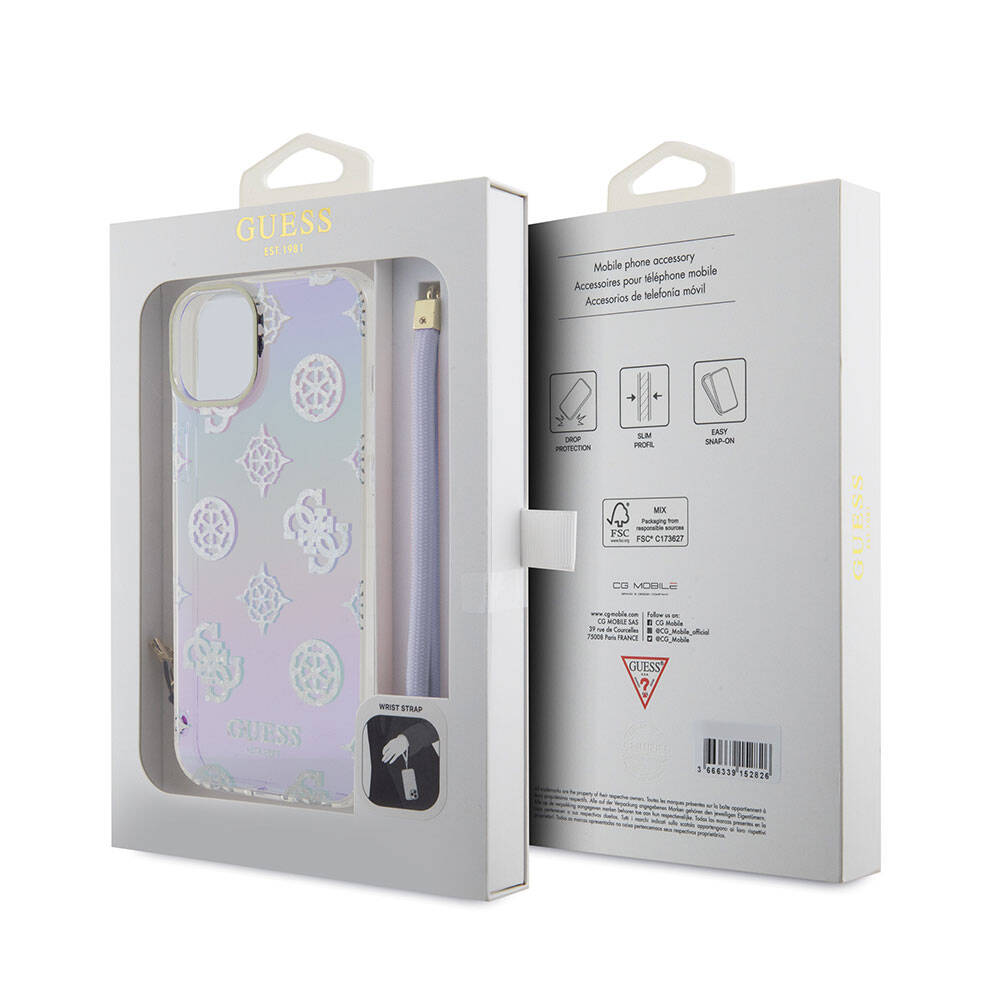 iPhone 15 Plus Kılıf Guess Orjinal Lisanslı Desenli Yazı Logolu Askı İpli Holografik Glitter Peony Kapak
