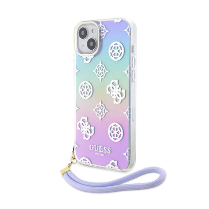iPhone 15 Plus Kılıf Guess Orjinal Lisanslı Desenli Yazı Logolu Askı İpli Holografik Glitter Peony Kapak