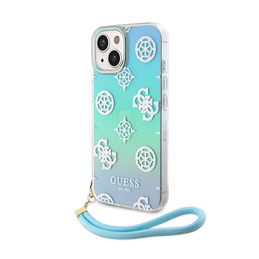 iPhone 15 Plus Kılıf Guess Orjinal Lisanslı Desenli Yazı Logolu Askı İpli Holografik Glitter Peony Kapak
