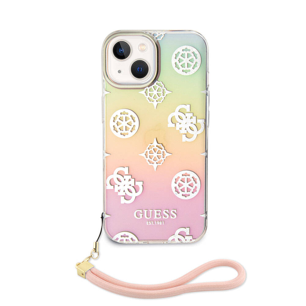 iPhone 15 Plus Kılıf Guess Orjinal Lisanslı Desenli Yazı Logolu Askı İpli Holografik Glitter Peony Kapak