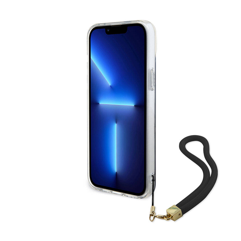 iPhone 15 Plus Kılıf Guess Orjinal Lisanslı Desenli Yazı Logolu Askı İpli Holografik Glitter Peony Kapak