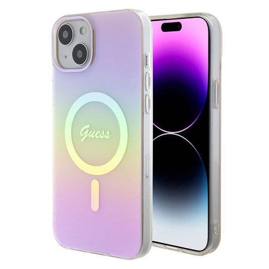 iPhone 15 Plus Kılıf Guess Orjinal Lisanslı M-safe Şarj Özellikli Yazı Logolu Iridescent Kapak